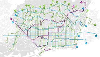 El diseño final de la red ortogonal de autobuses de Barcelona cuando esté implantada a finales de 2018.