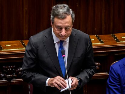 El primer ministro italiano, Mario Draghi, pronuncia su discurso ante la Cámara de Diputados el pasado 21 de julio en Roma.