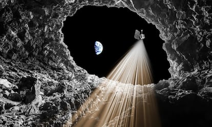 Artistic impression of the lunar pit on the Mare Tranquillitatis, which hides an accessible cave conduit tens of metres long.