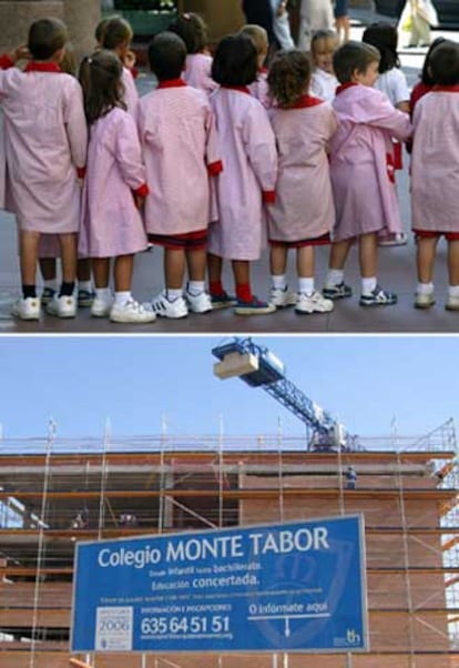 Arriba, niños y niñas en un colegio de Madrid. Abajo, construcción del centro Monte Tabor, en Pozuelo.