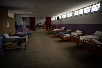 Beds installed in a classroom at the Rmeish school for medical emergencies due to Israeli shelling. The residents have not yet needed to use them.