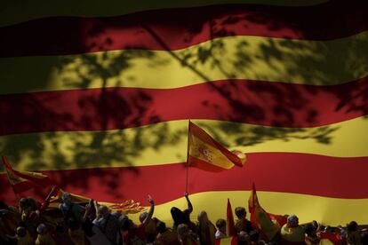 Participantes en la manifestación sostiene una enorme bandera.