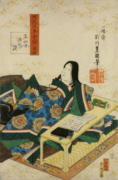 Retrato de la escritora japonesa Murasaki Shikibu en su escritorio.