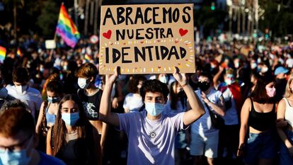 Un joven lleva una pancarta durante una manifestación del Orgullo LGTBI, en Valencia.