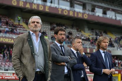 Maurizio Arrivabene director de la Juventus, Andrea Agnelli presidente, Federico Cherubini director de fútbol y Pavel Nedved vicepresidente.