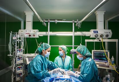 Médicos de la unidad de cuidados intensivos, practicando una traqueotomía a un paciente.