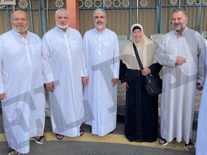 From the left: Jalil al-Jayya, Ismail Haniyey, Khaled Mashal, Um Quteiba, Saleh al-Arouri and Izzat al-Rishq in July 2023 in Mecca.