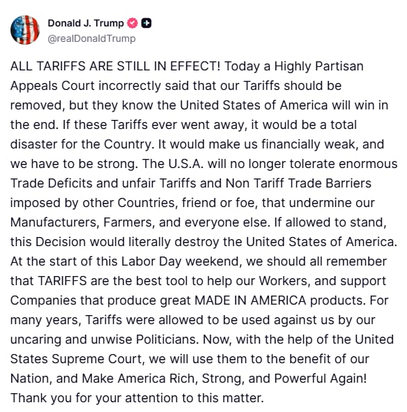 Mensaje de Trump en la red social Truth tras conocerse el fallo. 
