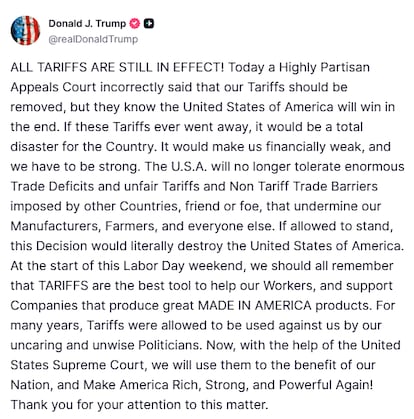 Trump Mensaje en la red social de la verdad después de conocer el fracaso.
