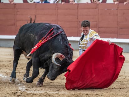 Calerito, en un muletazo de rodillas, la tarde de su confirmación en Las Ventas, el pasado 28 de abril.