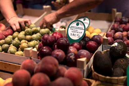 Precios de frutas y hortalizas en una parada del mercado de Sants, a principios de agosto en Barcelona.