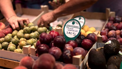 Precios de frutas y hortalizas en una parada del mercado de Sants, a principios de agosto en Barcelona.