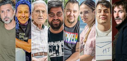 Arcángel, cantaor; Nadia Azougagh, activista; Ángel Garzón, jubilado; Manu Sánchez, cómico; Alejandro Mikael Galván, repartidor; Lorena López, autónoma; Juan Sánchez, estudiante, y Antonio de la Torre, actor.