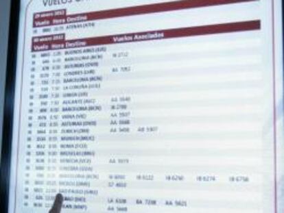 Panel de información con los vuelos cancelados de Iberia.
