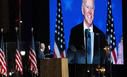 Joe Biden, candidato presidencial demócrata, habla durante un evento de la noche electoral en Wilmington, Delaware, EE UU.