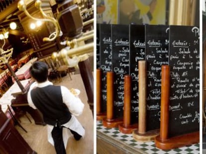 De izquierda a derecha, un camarero en el restaurante Bouillon Chartier, menús en Chez Janou y la terraza de la 'brasserie' La Mascotte, todos en París.