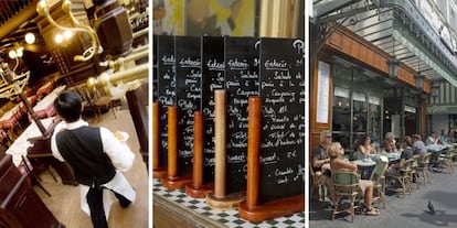 De izquierda a derecha, un camarero en el restaurante Bouillon Chartier, menús en Chez Janou y la terraza de la 'brasserie' La Mascotte, todos en París.