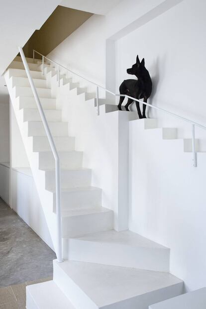 <b>Una escalera para pasos caninos. </b>Cuando el arquitecto de Kyoto Joe Chikamori preguntó a la familia vietnamita que le había encargado el diseño de su vivienda en Ho Chi Minh City lo que consideraban más importante en su casa, descubrió que la mayor preocupación de la familia eran los cachorros de su mascota. Les daba miedo que la escalera fuera demasiado empinada y que los peldaños fueran demasiado altos. Para solucionarlo, Chikamori ideó una escalera para perros, paralela a la utilizada por la familia, arrimada a la pared, con la barandilla y los peldaños más bajos.