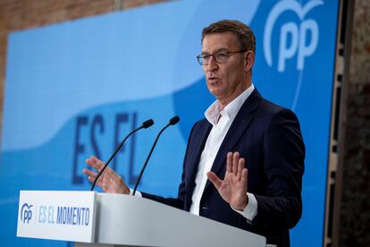 El líder del PP, Alberto Núñez Feijóo, durante un acto de su partido este viernes en Madrid.