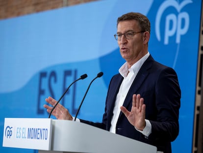 El líder del PP, Alberto Núñez Feijóo, durante un acto de su partido este viernes en Madrid.