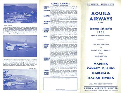 Folleto de Aquila Airways, la compañia de hidroaviones de pasajeros que operó entre Las Palmas, Madeira y Southampton hasta 1957.