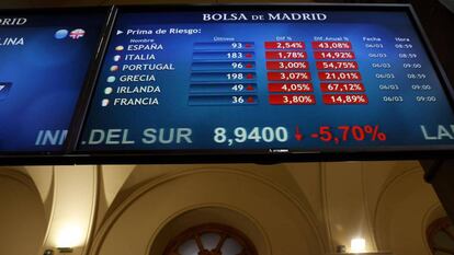 Pantalla de medición de la prima de riesgo en la Bolsa de Madrid. / CHEMA MOYA (EFE)