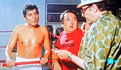 Andrés Pajares, Fernando Esteso y Antonio Ozores durante una secuencia de 'Yo hice a Roque III' (1980).