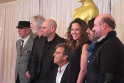 Claudia Llosa, Michael Haneke, Jacques Audiard. y Juan José Campanella durante la comida que compartieron en Los Ángeles
