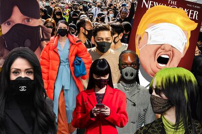 Protesters and office workers march with masks during the