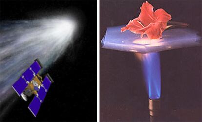 Ilustración del paso de <i>Stardust</i> por la cola del cometa y una imagen que muestra lo buen aislante que es el aerogel: una flor encima de un trozo de aerogel no sufre las consecuencias de una llama situada debajo.