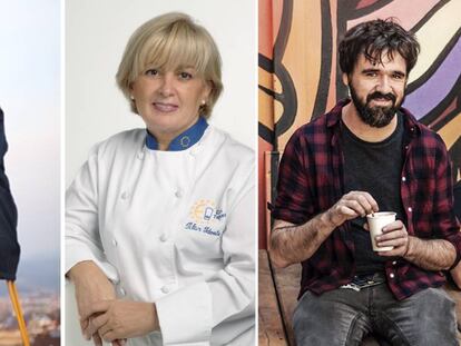 De izquierda a derecha, Mikel Urmeneta (dibujante), Pilar Idoate (cocinera) y Gorka Urbizu (músico).