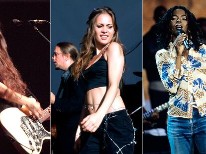 Las artistas Alanis Morissette, Fiona Apple y Lauryn hill, en la década de los noventa.