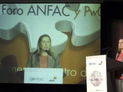 La ministra de Fomento, Ana Pastor, durante su intervención en el I foro Anfac y Pwc sobre el sector de la automoción el 16 de octubre de 2013.