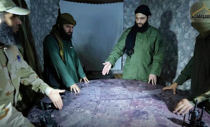 Abu Mohammed al-Golani, of the Levant Liberation Committee and the leader of Syria's al-Qaida affiliate, second from right, in an undated foto.