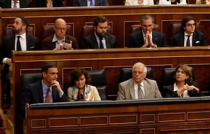 José Zaragoza (looking at his cellphone) flanked by Vox deputies. Acting Prime Minister Pedro Sánchez (bottom left) is sat in front of the far-right party’s leader, Santiago Abascal.