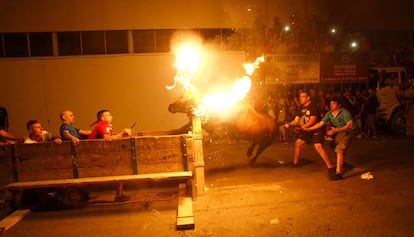 Un momento del correbou de Amposta, con un 'bou embolat'.