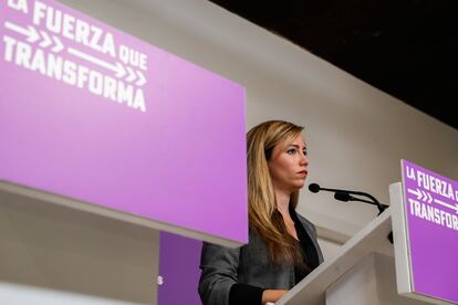 La portavoz de Podemos María Teresa Pérez, durante la rueda de prensa este lunes en la sede de la formación, en Madrid.