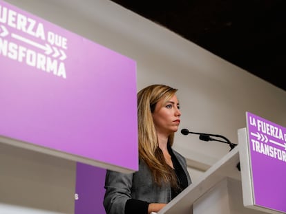 La portavoz de Podemos María Teresa Pérez, durante la rueda de prensa este lunes en la sede de la formación, en Madrid.