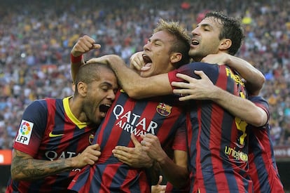 Los jugadores del FC Barcelona celebran el 1 a 0