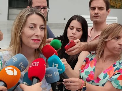 María Guardiola, durante su comparecencia ante los medios, este martes en Mérida.