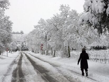 Una mujer camina por una carretera nevada en las inmediaciones de l'Espluga de Francoli, uno de los pueblos de Tarragona afectados por el temporal de nieve.