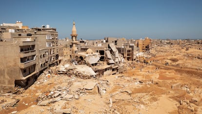 Imagen aérea de este jueves de la ciudad de Derna, la más afectada por la tormenta 'Daniel'.