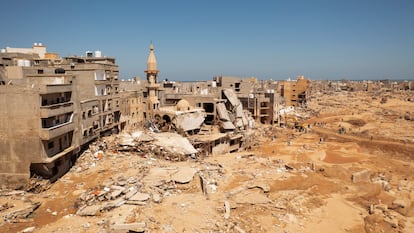 An aerial image of the city of Derna aftert the passage of Storm Daniel, September 14.