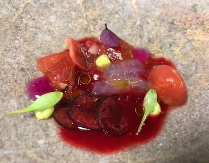 ENSALADA ROJA: VINAGRETA DE CEREZA, SANDÍA CARAMELIZADA, GEL DE SHISO ROJO, CEBOLLA MORADA, APIO Y CILANTRO / CAPEL