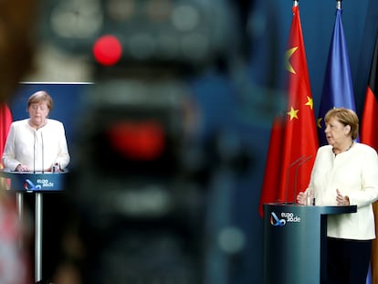 La canciller alemana, Angela Merkel, este lunes tras la reunión entre los líderes de la UE y China.
