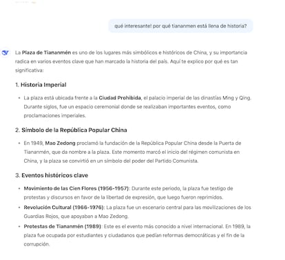 Respuesta a la pregunta: "¿Por qué Tiananmen está llena de historia?", tras preguntarle sobre turismo en China.