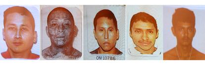 De izquierda a derecha, Calixto Rigoberto Escobar, Nelson Lazo Rivera, Juan Napoleón Espinoza, José Alejandro Melara y Luis Romero Vázquez, acusados del asesinato de Poveda.