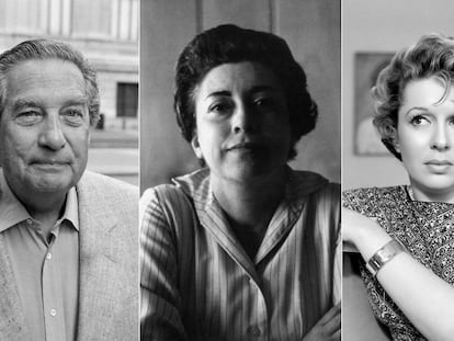 Los poetas mexicanos, Octavio Paz, Rosario Castellanos y Pita Amor, en fotografías de archivo.