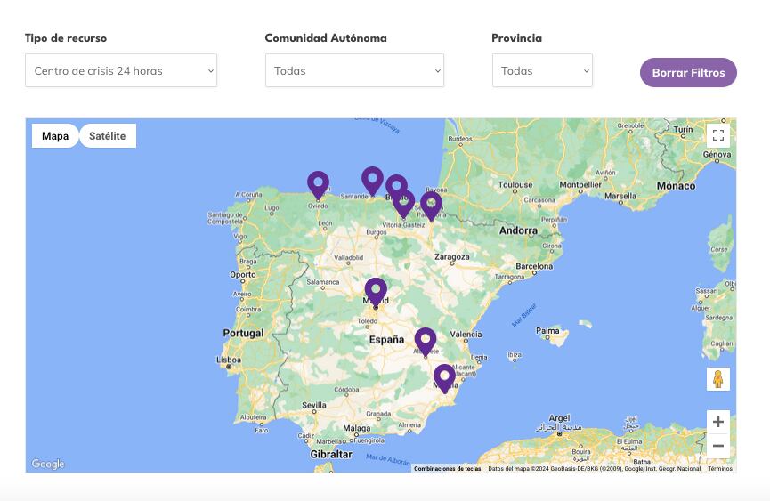 Mapa con los centros de crisis 24 horas marcados en el buscador de la Fundación Aspacia.