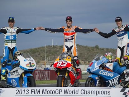 Los tres campeones españoles de 2013: Pol Espargaró (Moto2), Marc Márquez (MotoGP) y Maverick Viñales (Moto3)